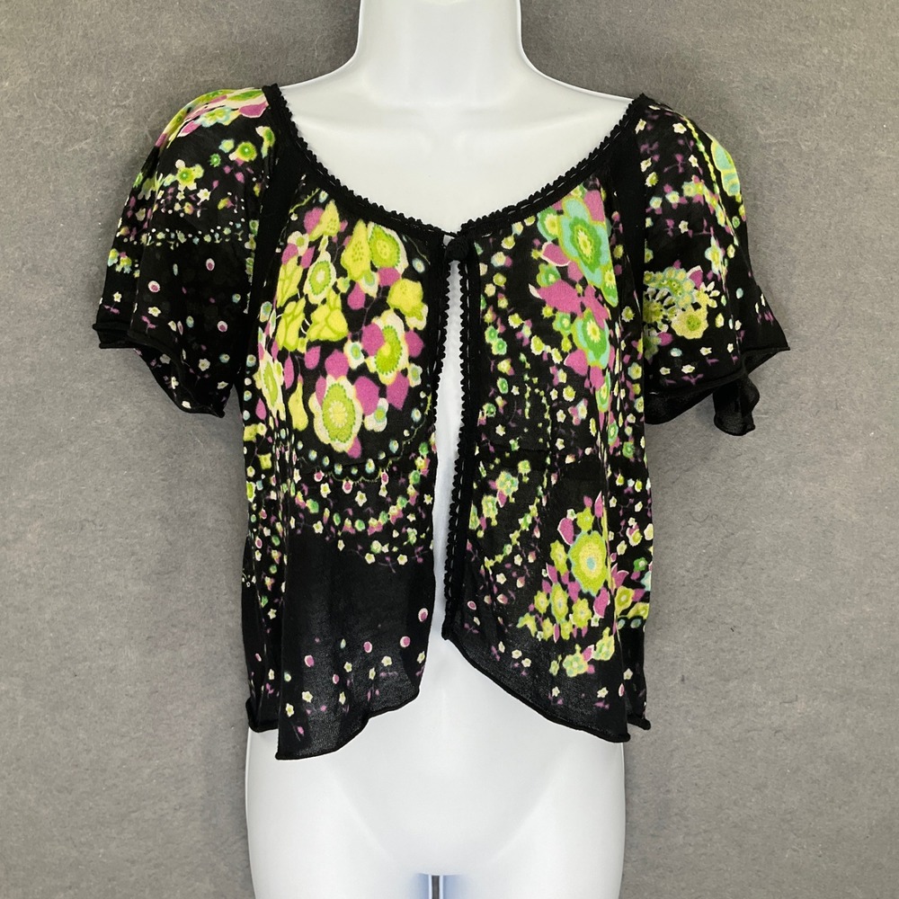 Knitted & Knotted Cardigan Sz S Black Floral Open Front Dainty Artsy Lightweight